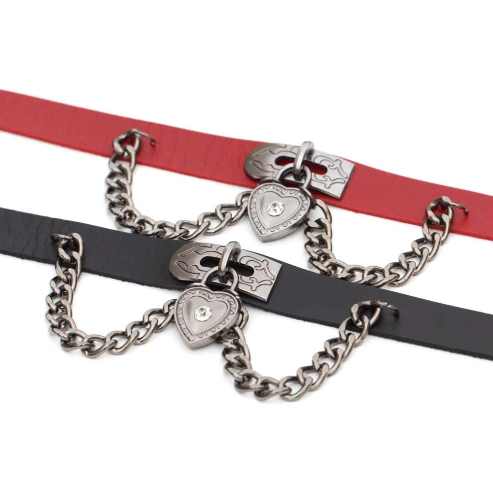 Cool vintage choker necklaces in red and black PU leather with heart-shaped lock and chain details.