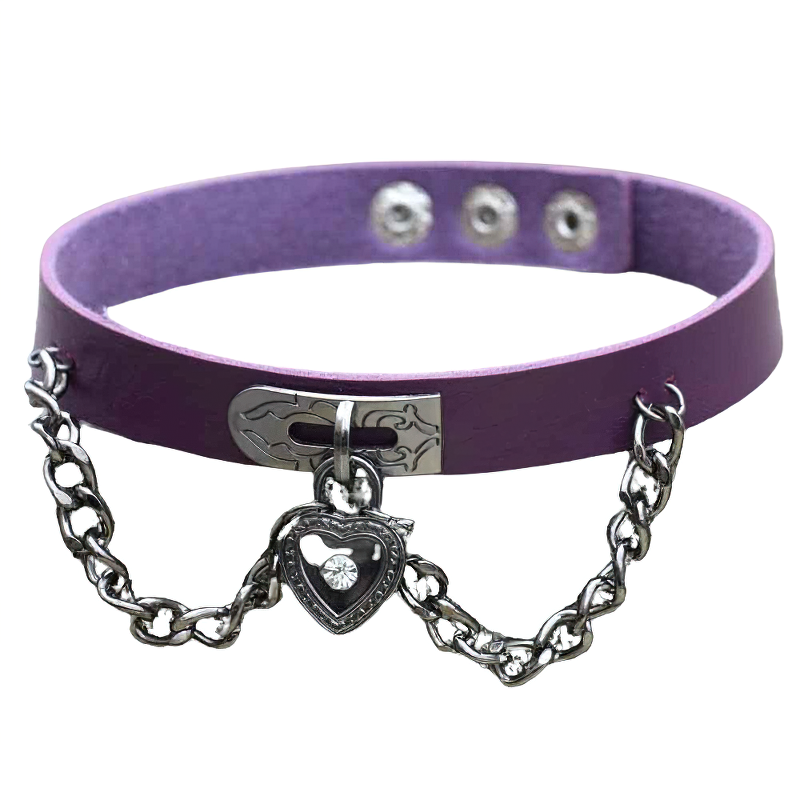 Cool purple PU leather choker necklace with silver heart charm and chain details for vintage gothic style.