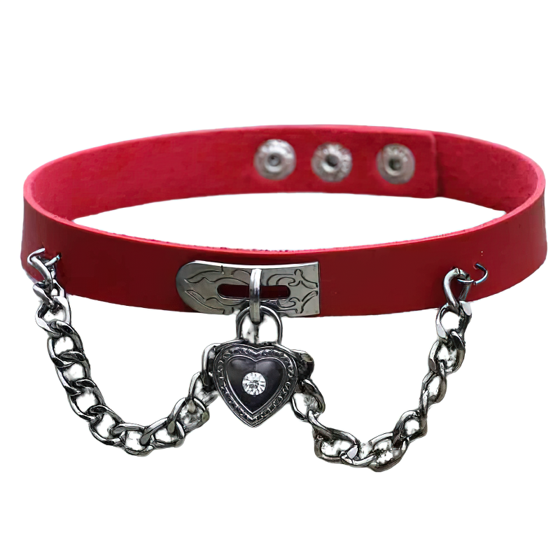 Cool vintage red PU leather choker necklace with heart pendant and chain, perfect for gothic style.