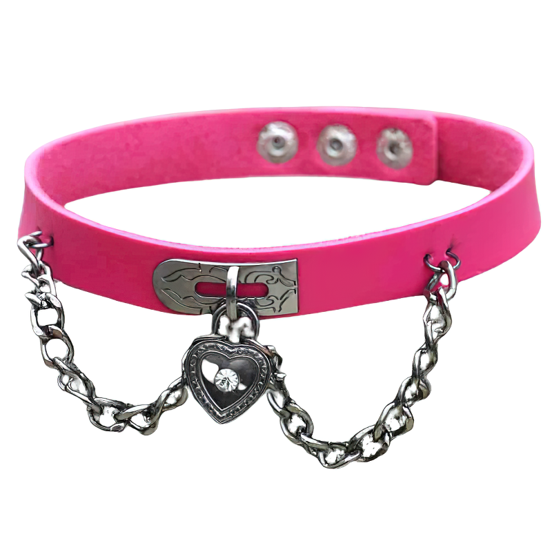 Cool pink PU leather choker necklace with silver chain and heart lock, perfect for vintage and gothic styles.