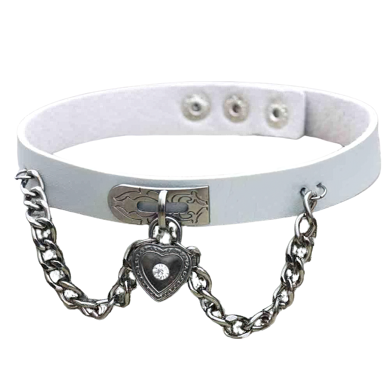 Cool vintage gothic choker necklace in white PU leather with silver heart and chain embellishments.