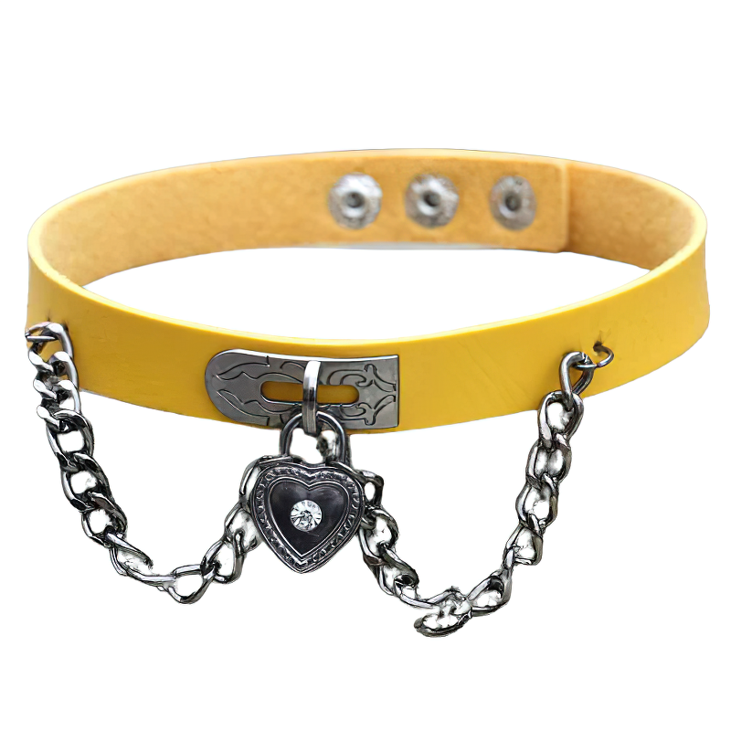Gothic PU leather choker necklace with heart lock and chain details, perfect for vintage and edgy styles.