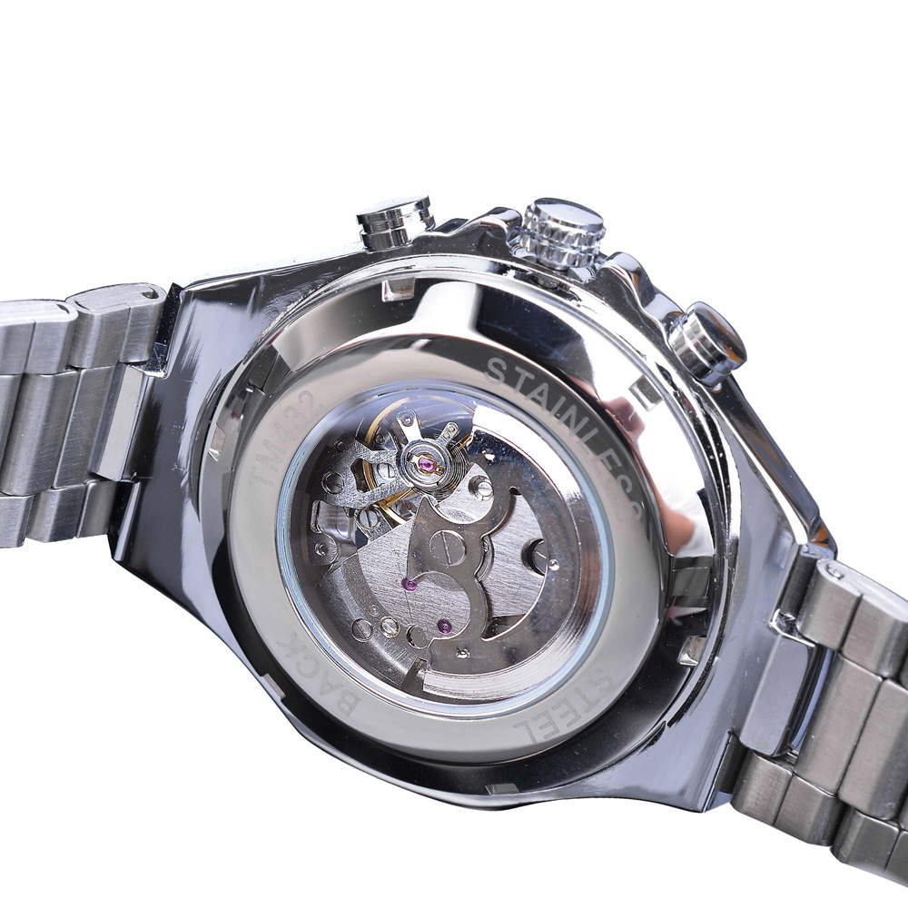 Mechanical watch back view showcasing luminous hands and stainless steel design, perfect for gothic style lovers.