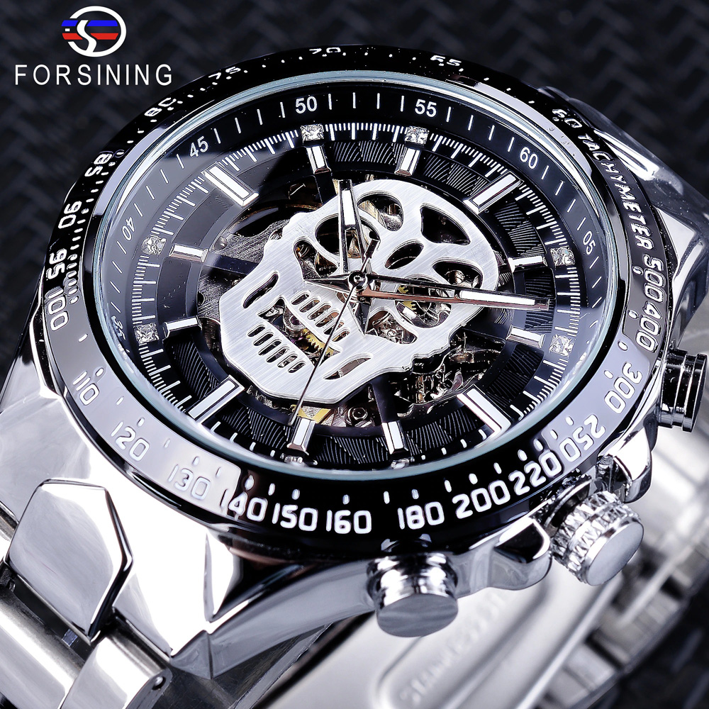 Cool unisex mechanical watch featuring luminous hands and a striking skull design, perfect for rock style enthusiasts.