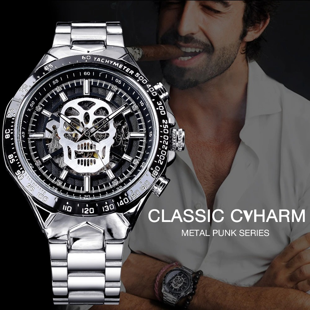 Cool unisex mechanical watch with luminous skull design, perfect for rock style enthusiasts and unique gifts.