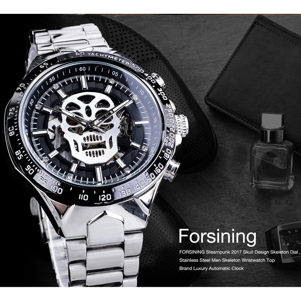 Cool unisex gothic wristwatch with luminous skull design, stainless steel, and mechanical features.