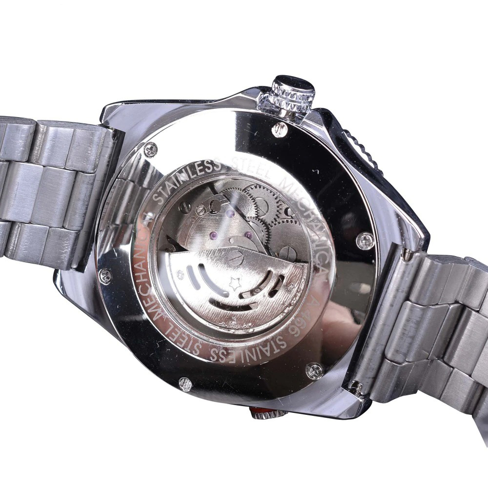 Back view of Cool Gothic Mechanical Watch featuring stainless steel design and visible gears.