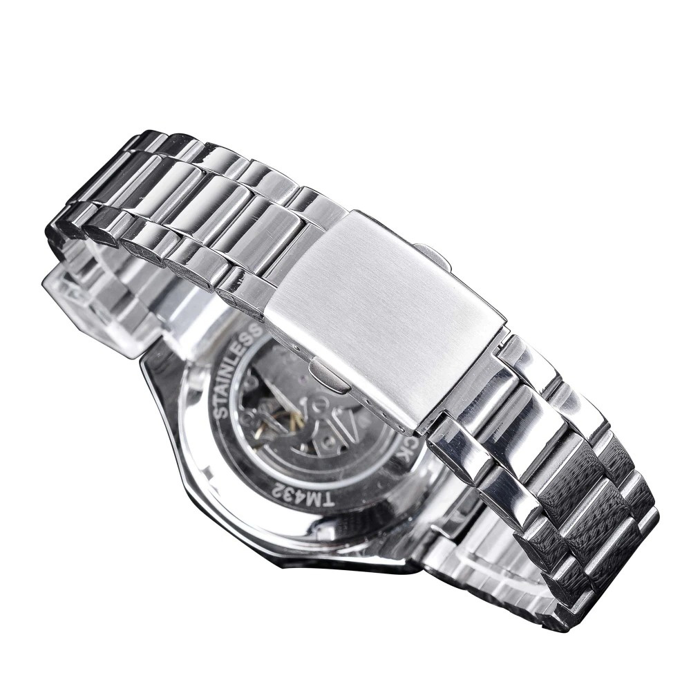 Stylish unisex mechanical watch with luminous hands and stainless steel band, showcasing a sleek design.