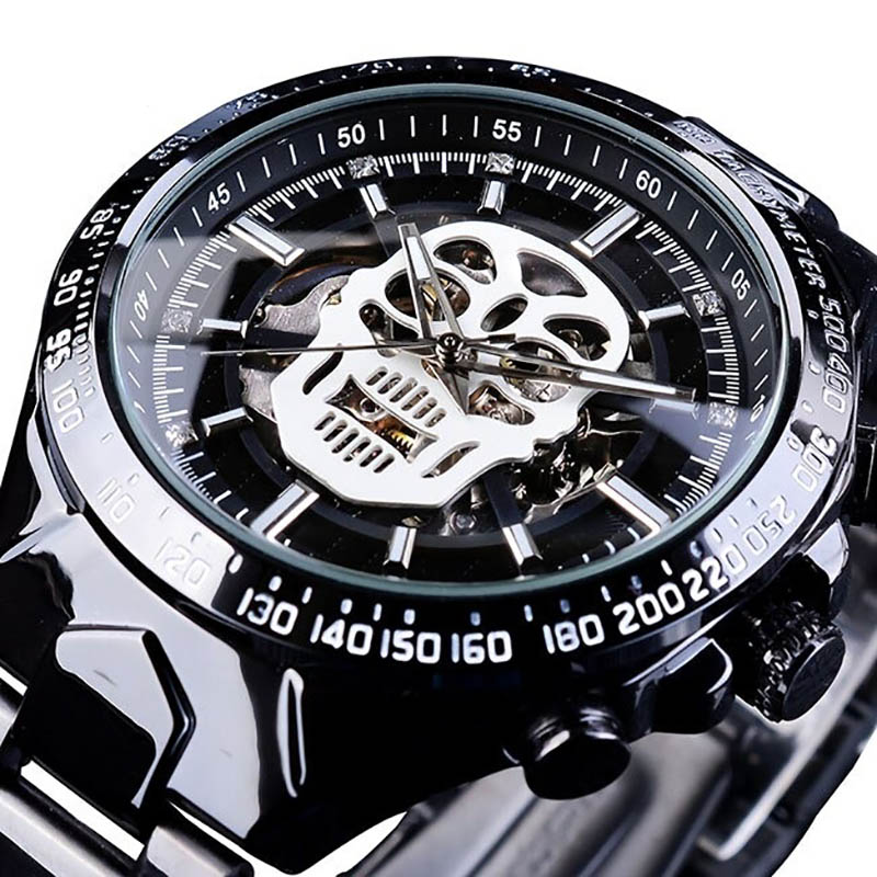 Unisex Gothic watch featuring luminous hands and a mechanical skull design, perfect for rock style enthusiasts.