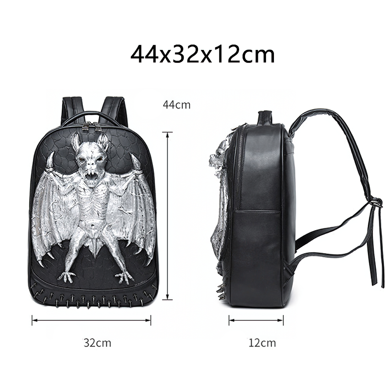 Cool waterproof backpack with bat decoration, dimensions 44x32x12cm, perfect for rock style enthusiasts.
