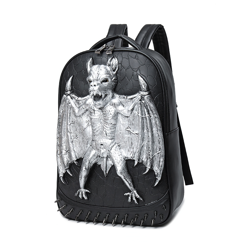 Cool waterproof rock backpack with detailed bat decoration and rivet accents.