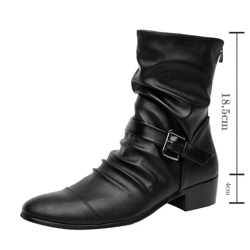 Stylish women's black PU leather ankle boots with decorative belt and comfortable heel, perfect for casual outings.