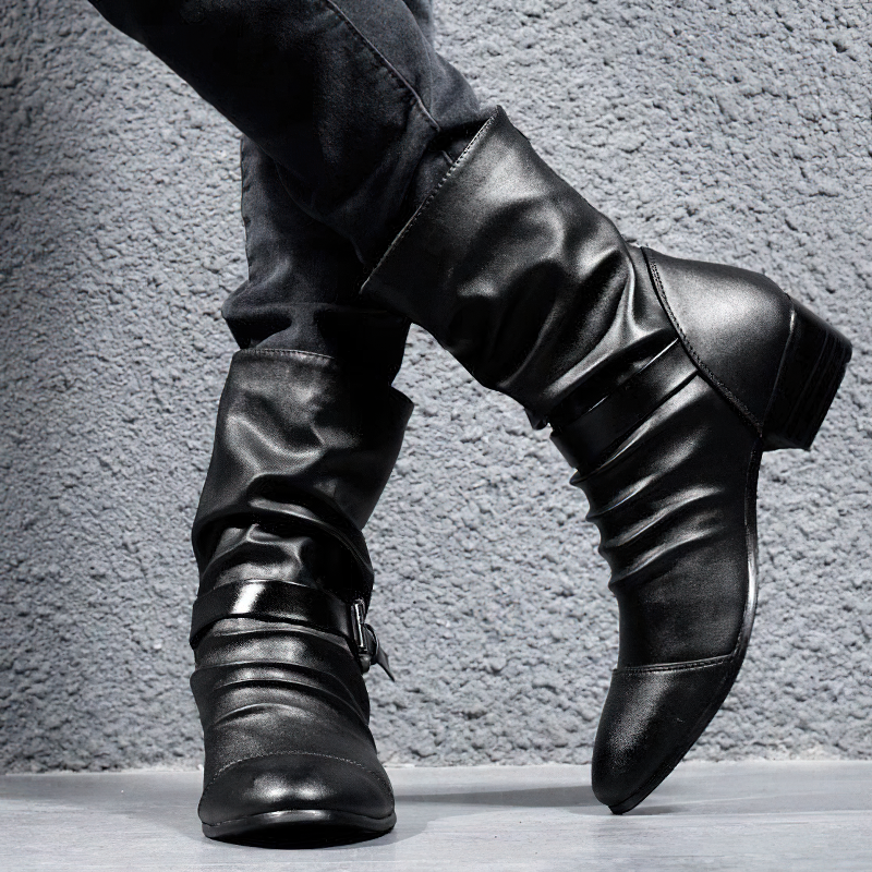 Stylish black PU leather ankle boots with a fashionable belt, perfect casual footwear for women.