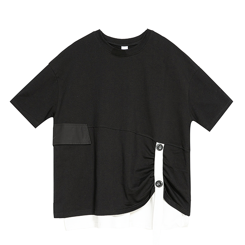 Cool Women's Black Pleated T-shirt / Round Neck Top with Short Sleeve - HARD'N'HEAVY