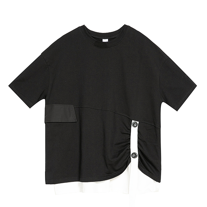 Cool women's black pleated T-shirt with contrasting white details and buttons, perfect for alternative fashion styling.