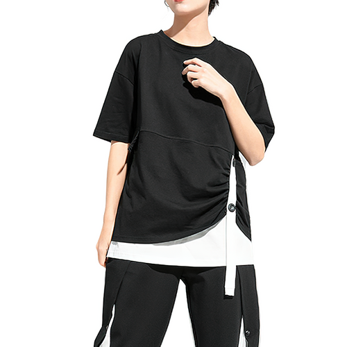 Cool camiseta negra plisada para mujer/top con cuello redondo y manga corta
