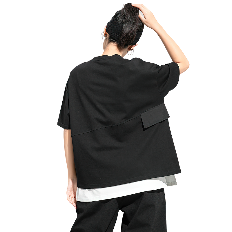 Back view of a trendy women's black pleated T-shirt featuring a relaxed fit and layered design, perfect for alternative styles.