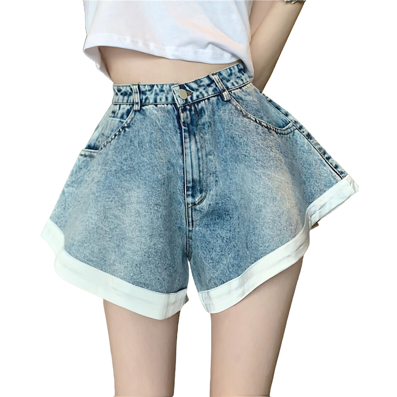 Trendy women's denim mini shorts with ruffles, high waist style, perfect for summer outfits and casual wear.