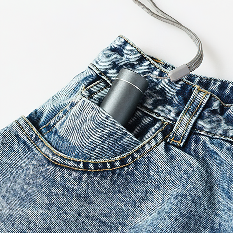 Cool denim mini shorts pocket with a stylish metallic item, perfect for trendy summer fashion.