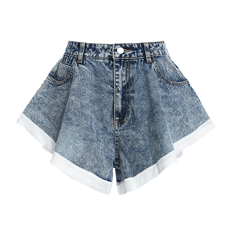 Cool women's denim mini shorts with high waist and ruffle design, perfect for trendy summer outfits.