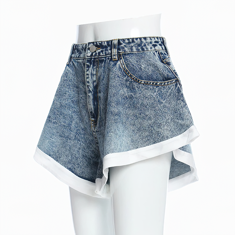 Trendy high waist ruffle women's denim mini shorts with button closure and pockets, perfect for summer style.