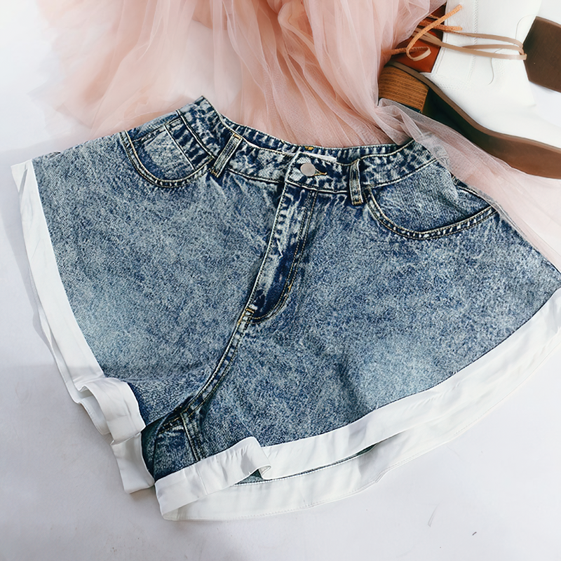 Cool high waist ruffle denim mini shorts in light blue, perfect for a trendy summer look.