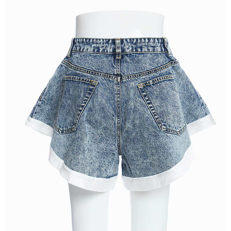 Back view of trendy women's high waist denim mini shorts with ruffles and pockets, perfect for a chic summer look.