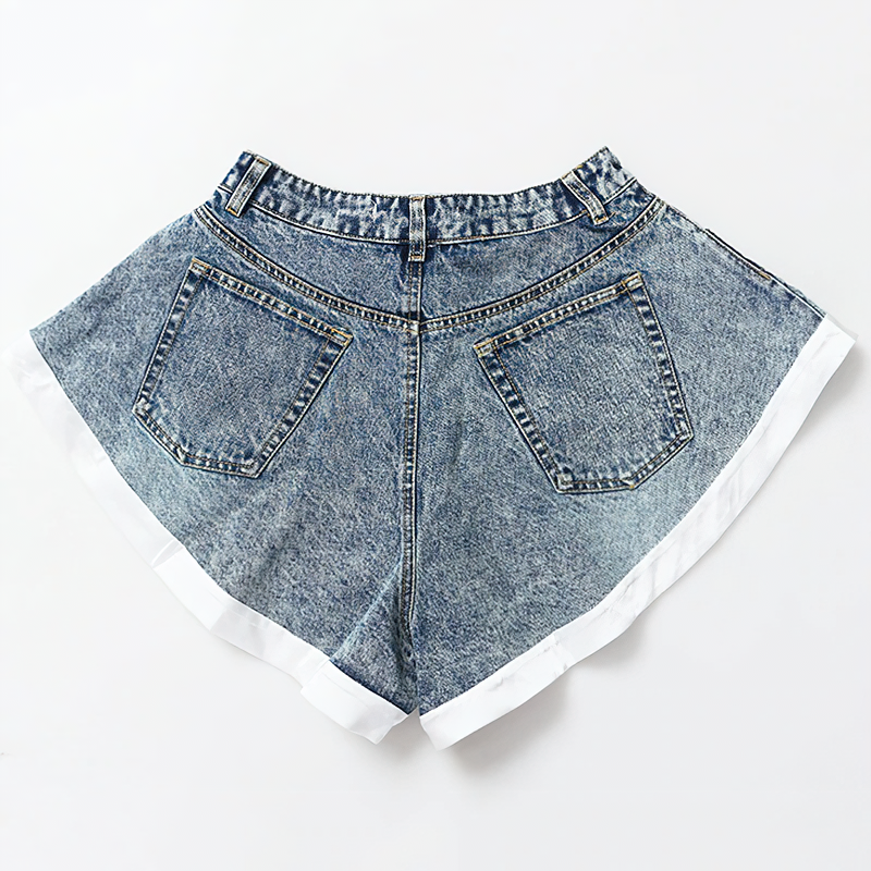 Cool women's high waist denim mini shorts with ruffles and pockets, perfect for trendy summer outfits.
