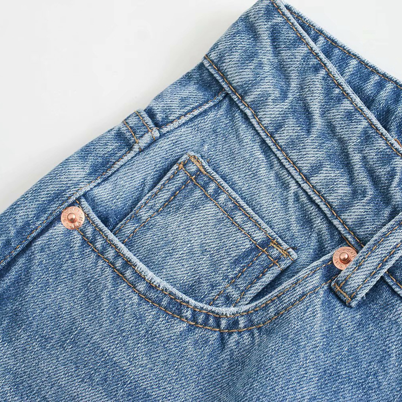 Close-up of high waist denim jeans, showcasing pocket detail and stitched design for trendy women’s fashion.