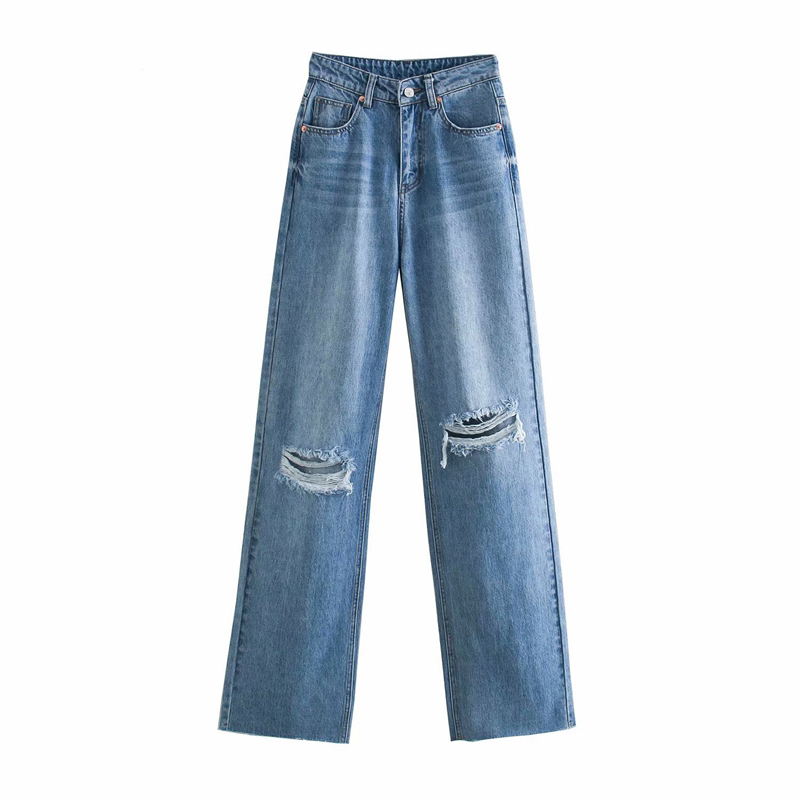 Cool women's high waist overlength jeans with ripped details and wide leg fit for trendy style.