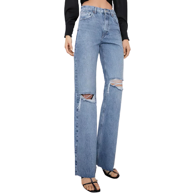 Cool high waist wide leg jeans with rips and pockets for a trendy fashion statement.
