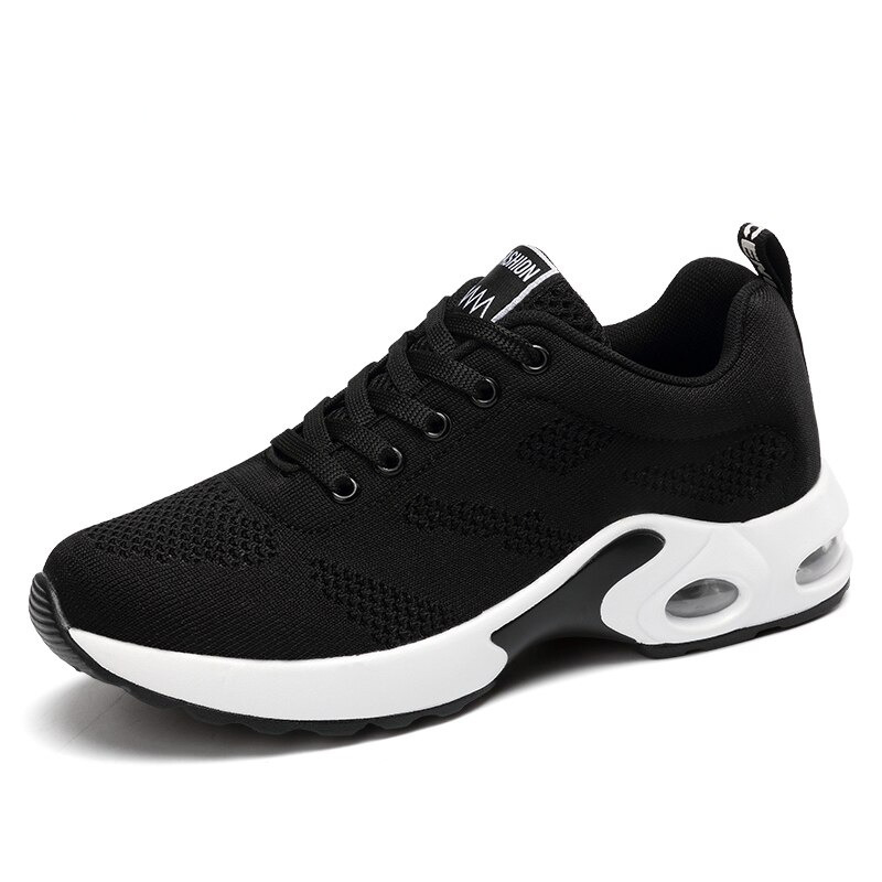Cool black women's lace-up sneakers with breathable mesh, stylish round toe and trendy design.