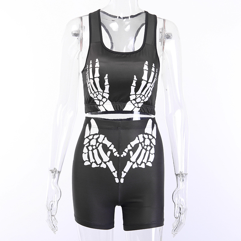 Cool Women's Outfits Two Pieces Set / Skull Print Tank Top + Shorts / Gothic Style Tracksuit - HARD'N'HEAVY