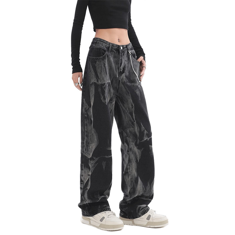 Cool Women's Wide Leg Baggy Jeans with Chain / Fashion Gothic Loose Clothing for Girls - HARD'N'HEAVY