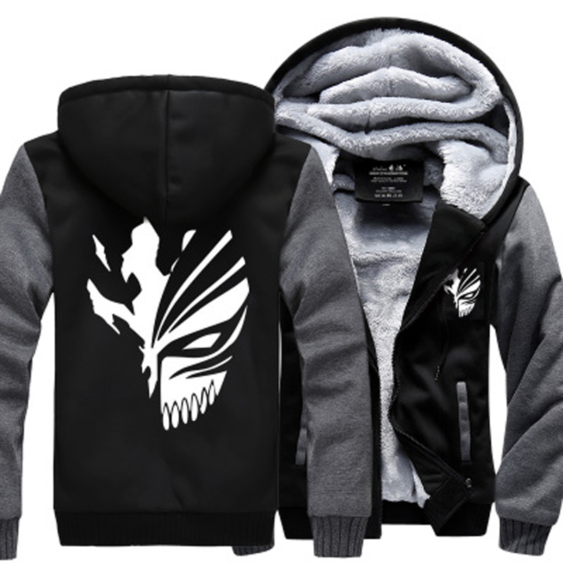 Cool black and gray fleece hoodie with skull design, perfect for rock and goth style lovers.