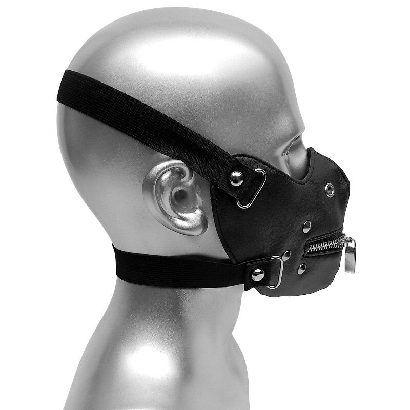 Gothic leather face mask with adjustable straps and zipper for easy eating and drinking, perfect for Halloween cosplay.