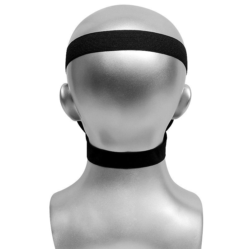Adjustable black headband shown on a mannequin, designed for secure fit with cosplay masks.
