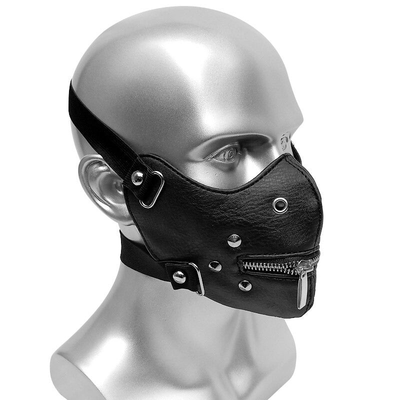 Gothic leather face mask with adjustable strap and zipper for easy wear during Halloween events.