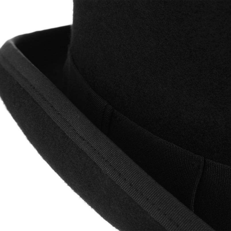 Close-up of a black wool Slash Cylinder Hat with a stylish band, perfect for goth alternative fashion and cosplay.