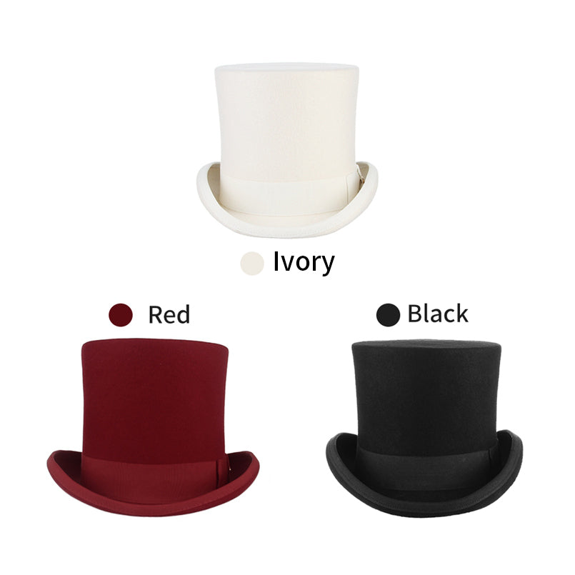 Three stylish Slash Cylinder Hats in ivory, red, and black for alternative goth fashion and cosplay.