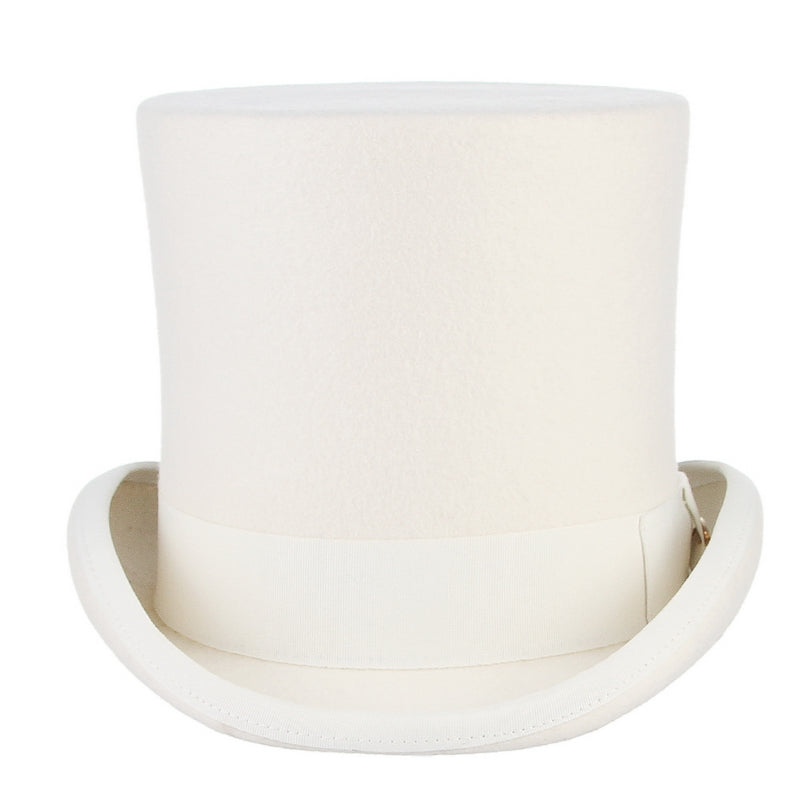 White cosplay cylinder hat with a wide brim, perfect for alternative gothic fashion and cold-weather wear.
