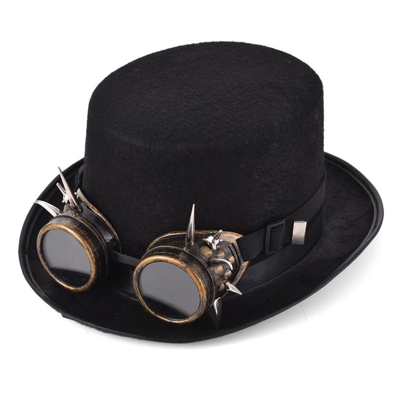 Steampunk cosplay cylinder hat with goggles, featuring unique spikes and a stylish design for edgy outfits.