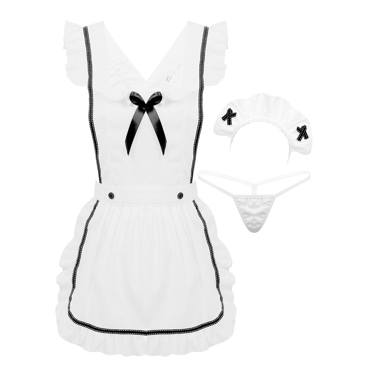 Cosplay sexy maid costume set featuring an apron, hair hoop, and G-string briefs in black and white.