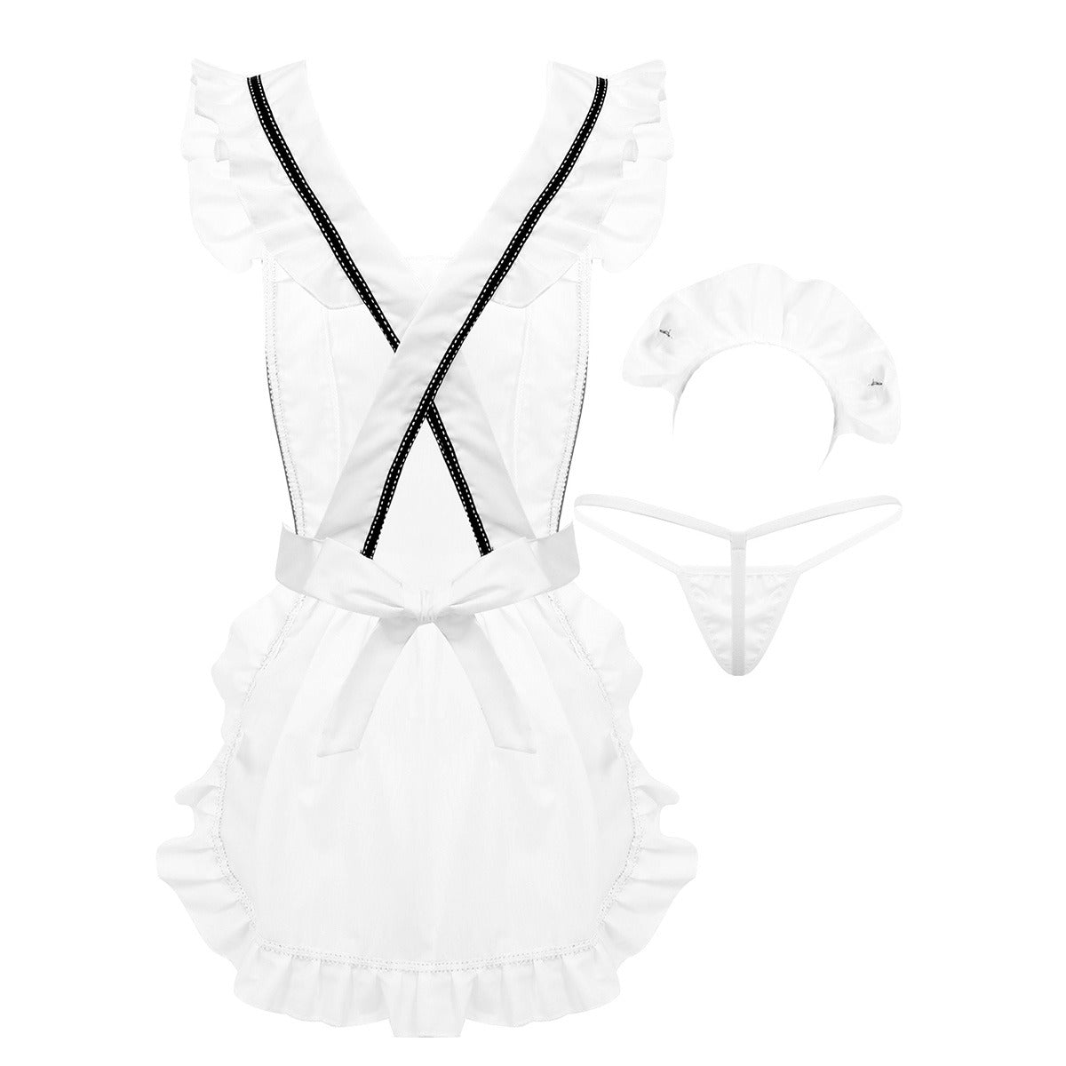 Cosplay sexy maid costume set featuring a frilly apron, hair hoop, and G-string in classic black and white.