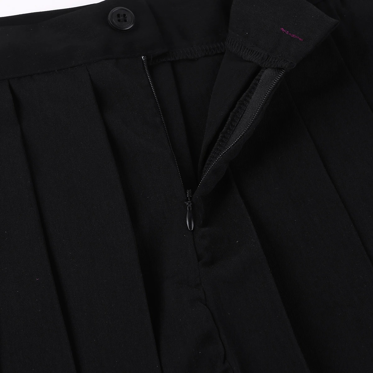 Close-up of the zipper and button detail on a black pleated miniskirt, showcasing high-quality fabric for cosplay.