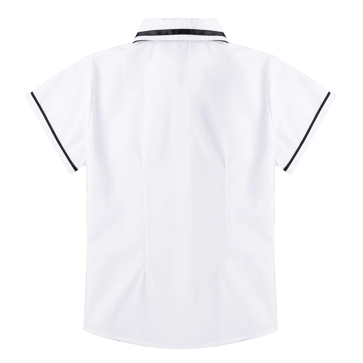 Back view of a short sleeve white cosplay shirt with black trim, perfect for schoolgirl uniforms.