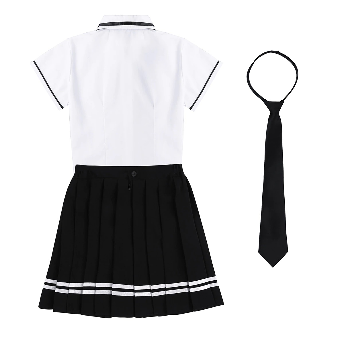 Cute schoolgirl cosplay costume set with black pleated miniskirt, white short-sleeve top, and black tie.