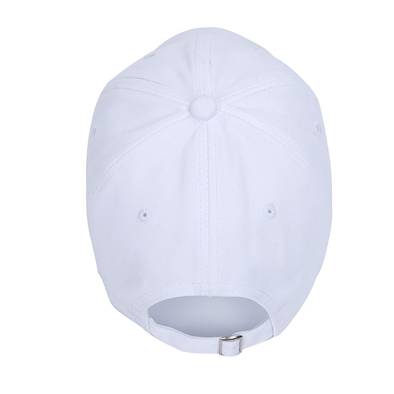 Back view of a white cotton baseball cap for men and women, showcasing the adjustable strap and classic design.