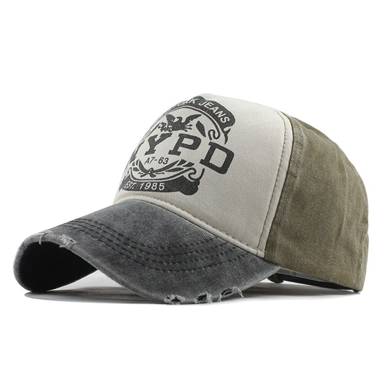 Unisex cotton baseball cap with retro print in gray and olive green, perfect stylish accessory for casual outfits.