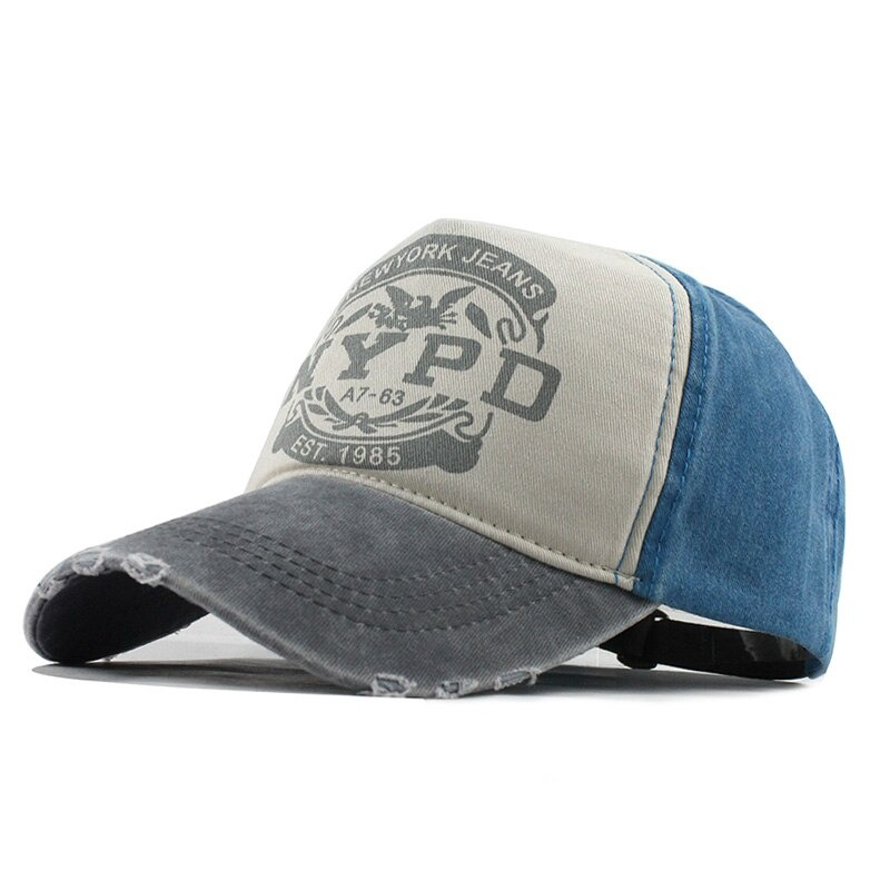 Trendy unisex cotton baseball cap with retro print and adjustable snapback in blue and gray.